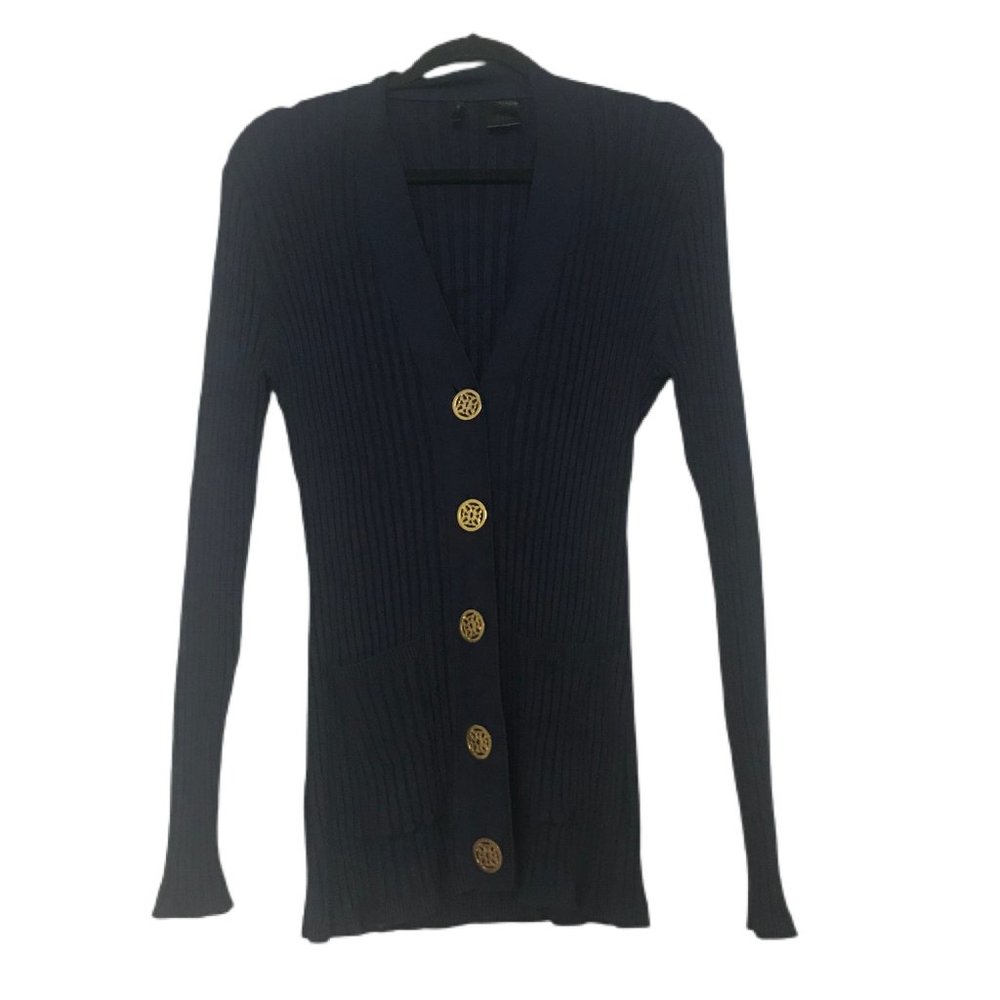 Etoile Women's Navy Blue Ribbed Long Sleeve Gold Button Ribbed Sweater Size L